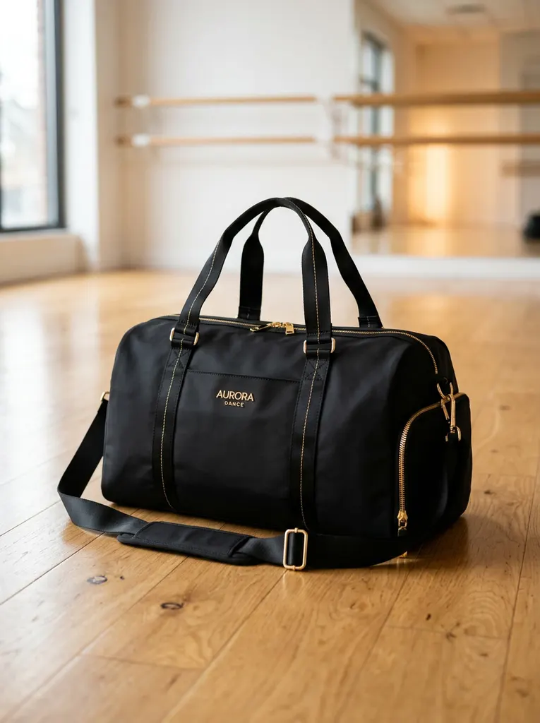 A black dance bag with gold accents