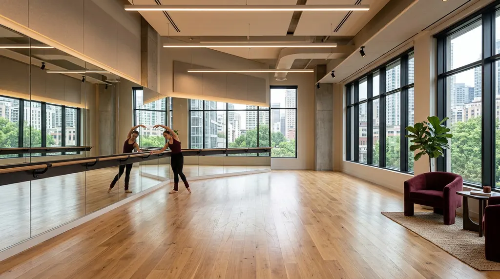 Flow Studio — a hall with a wooden floor and a barre